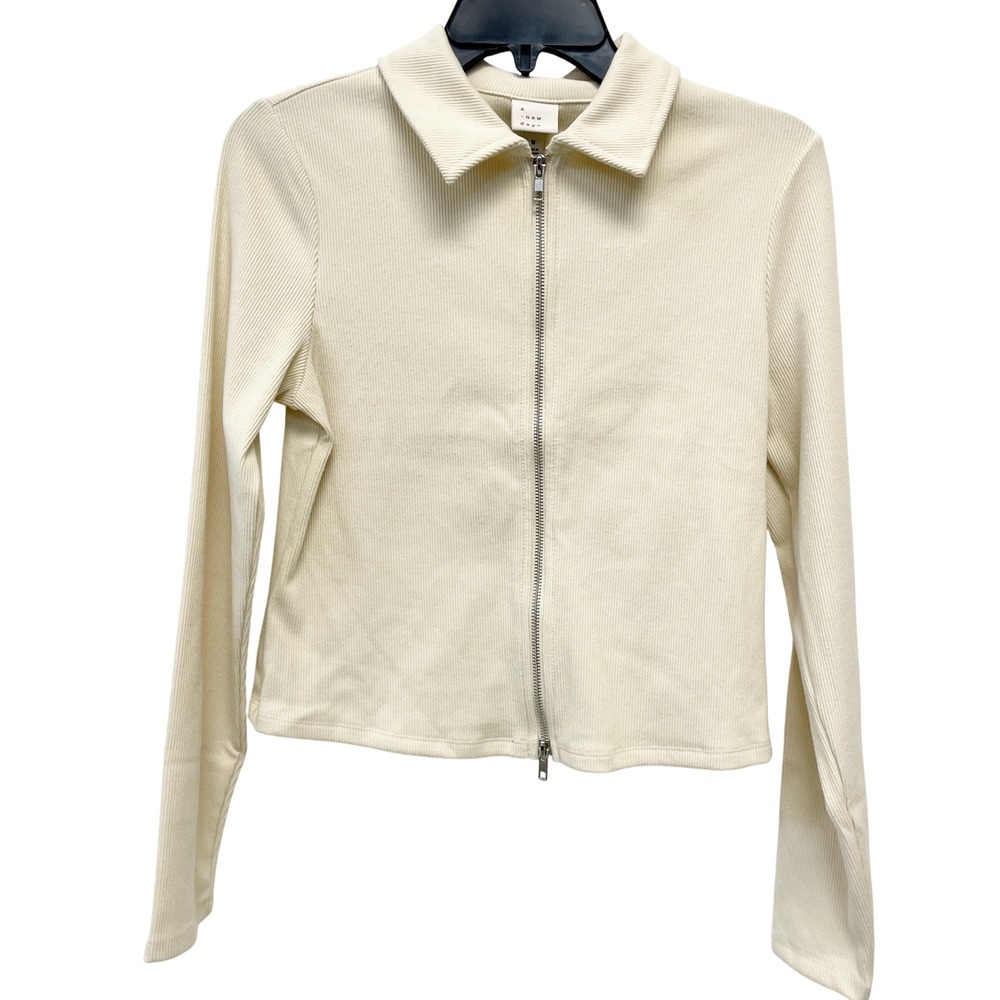 A New Day Women's Cream‎ Ribbed Full Zip Long Sleeve Cardigan Sweater Size M